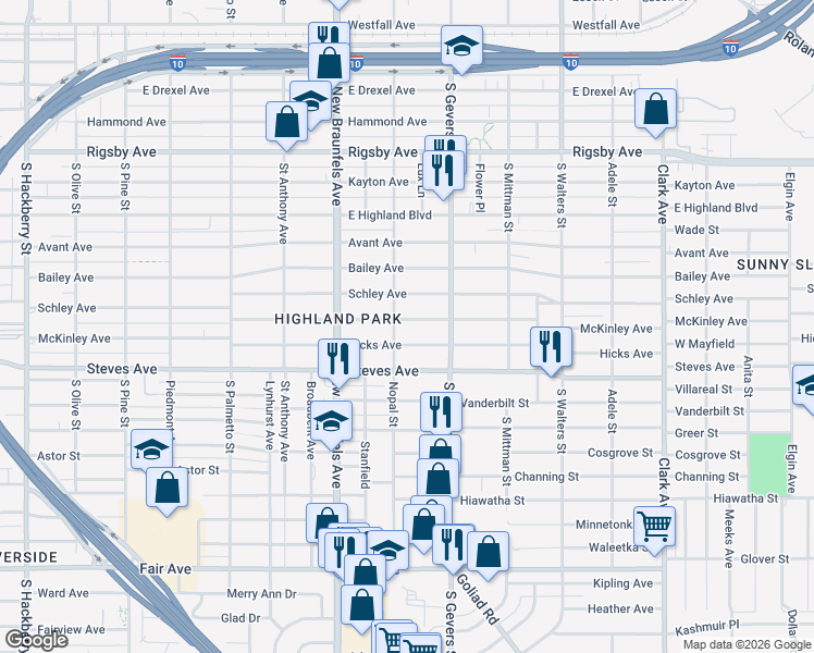 map of restaurants, bars, coffee shops, grocery stores, and more near 1612 McKinley Avenue in San Antonio
