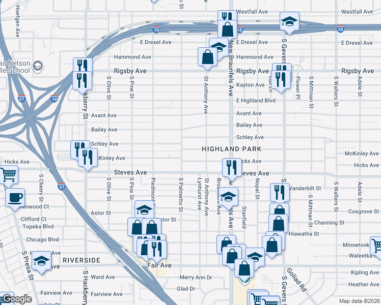 map of restaurants, bars, coffee shops, grocery stores, and more near 1322 McKinley Avenue in San Antonio