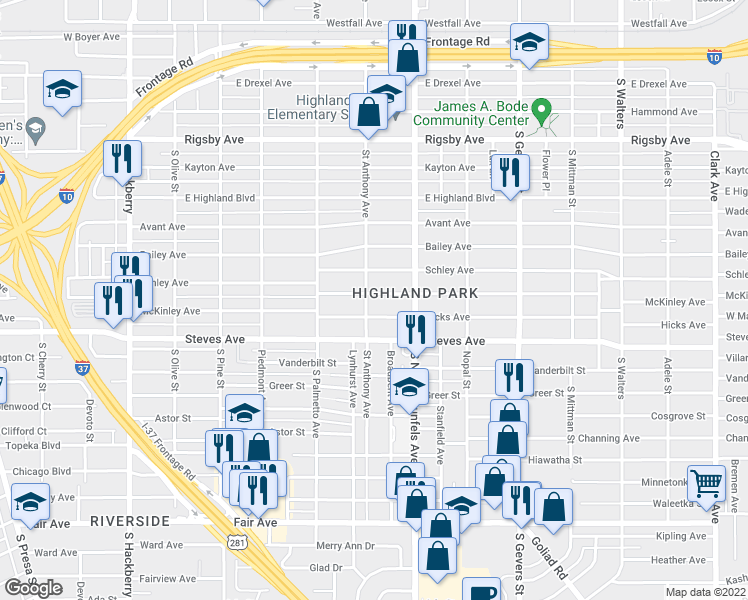 map of restaurants, bars, coffee shops, grocery stores, and more near 1406 McKinley Avenue in San Antonio