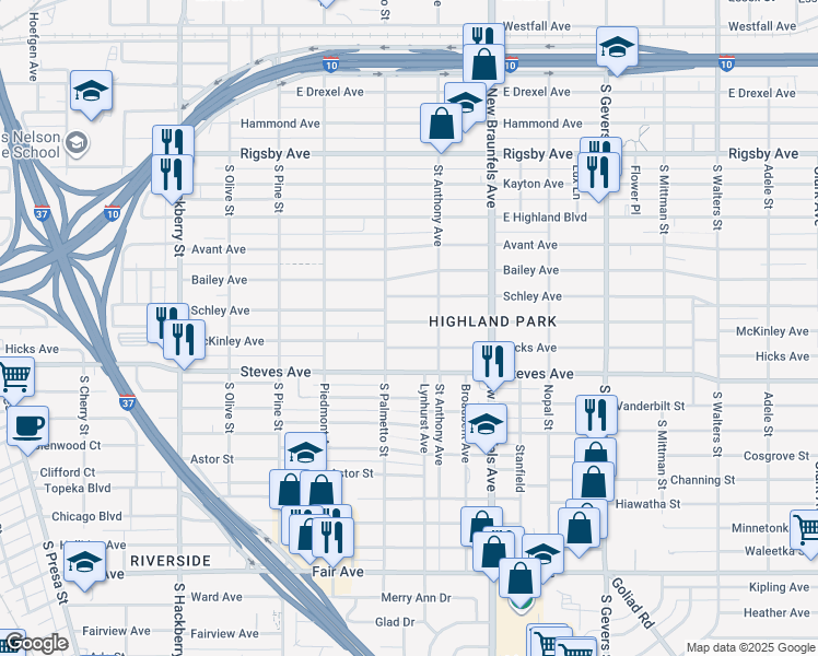 map of restaurants, bars, coffee shops, grocery stores, and more near 1322 McKinley Avenue in San Antonio
