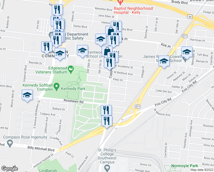 map of restaurants, bars, coffee shops, grocery stores, and more near 1523 Cupples Road in San Antonio