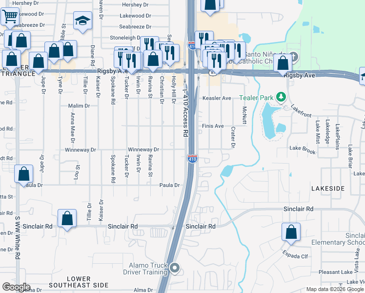 map of restaurants, bars, coffee shops, grocery stores, and more near 2735 South East Loop 410 in San Antonio