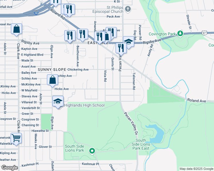 map of restaurants, bars, coffee shops, grocery stores, and more near 257 Quinta Street in San Antonio