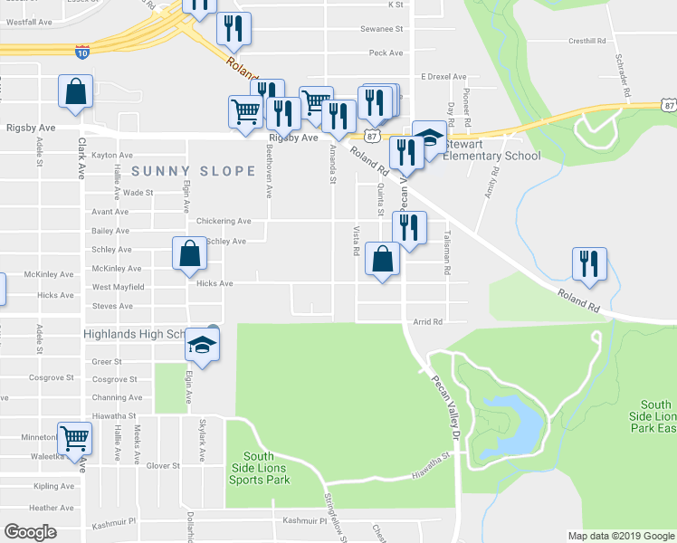 map of restaurants, bars, coffee shops, grocery stores, and more near 1758 Amanda Street in San Antonio