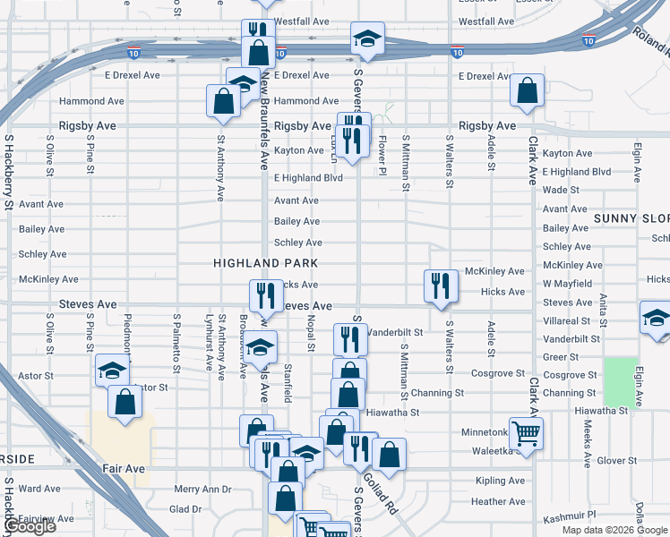 map of restaurants, bars, coffee shops, grocery stores, and more near 1612 McKinley Avenue in San Antonio