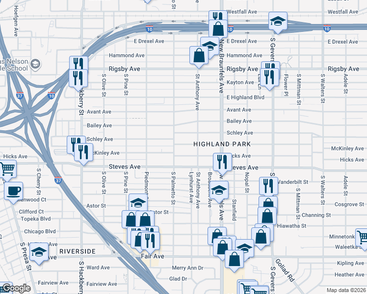 map of restaurants, bars, coffee shops, grocery stores, and more near 1322 McKinley Avenue in San Antonio
