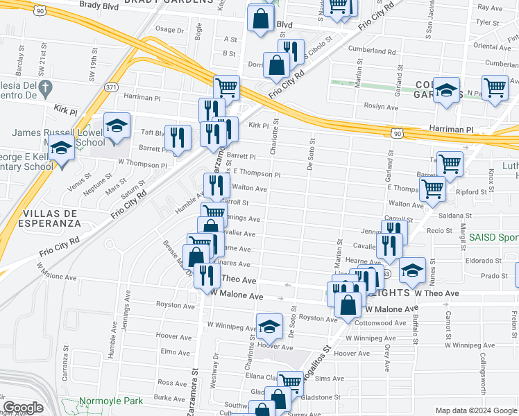 map of restaurants, bars, coffee shops, grocery stores, and more near 510 Carroll Street in San Antonio