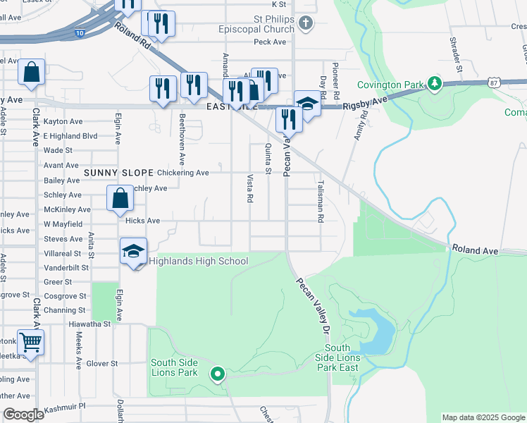 map of restaurants, bars, coffee shops, grocery stores, and more near 257 Quinta Street in San Antonio