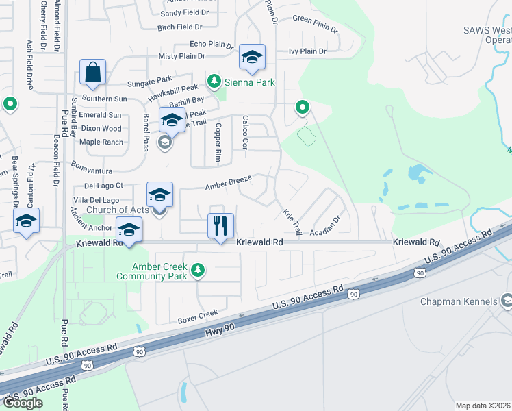 map of restaurants, bars, coffee shops, grocery stores, and more near 9746 Amber Ledge in San Antonio