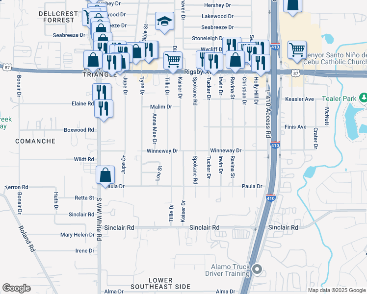 map of restaurants, bars, coffee shops, grocery stores, and more near 2722 Kaiser Drive in San Antonio