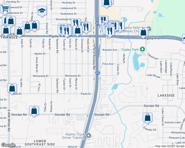 map of restaurants, bars, coffee shops, grocery stores, and more near 2735 Southeast Loop 410 Access Road in San Antonio