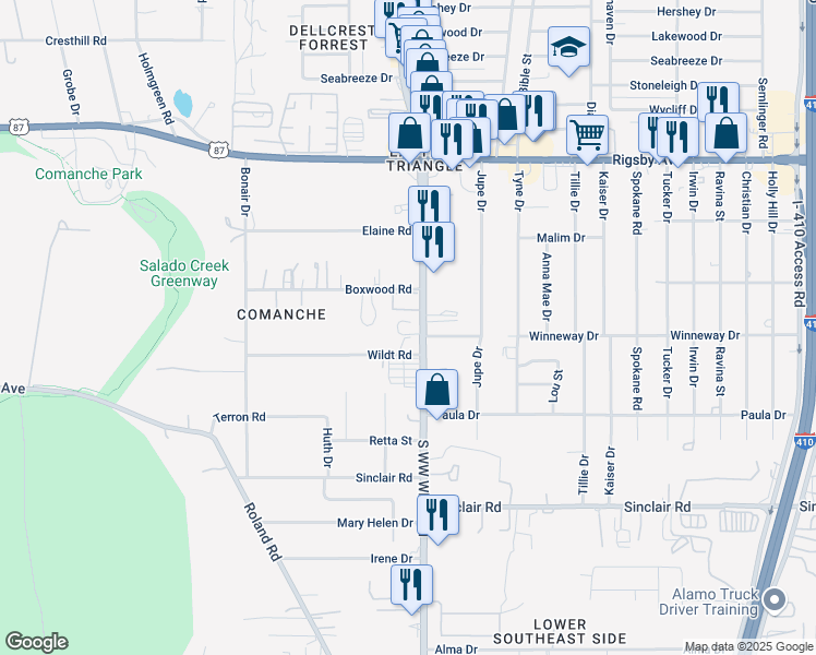map of restaurants, bars, coffee shops, grocery stores, and more near 2143 Texas 13 Loop in San Antonio