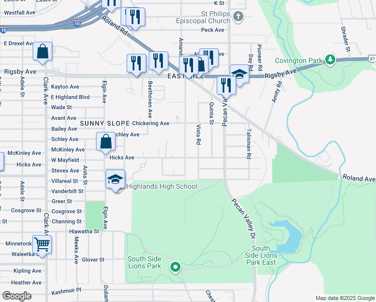 map of restaurants, bars, coffee shops, grocery stores, and more near 1758 Amanda Street in San Antonio