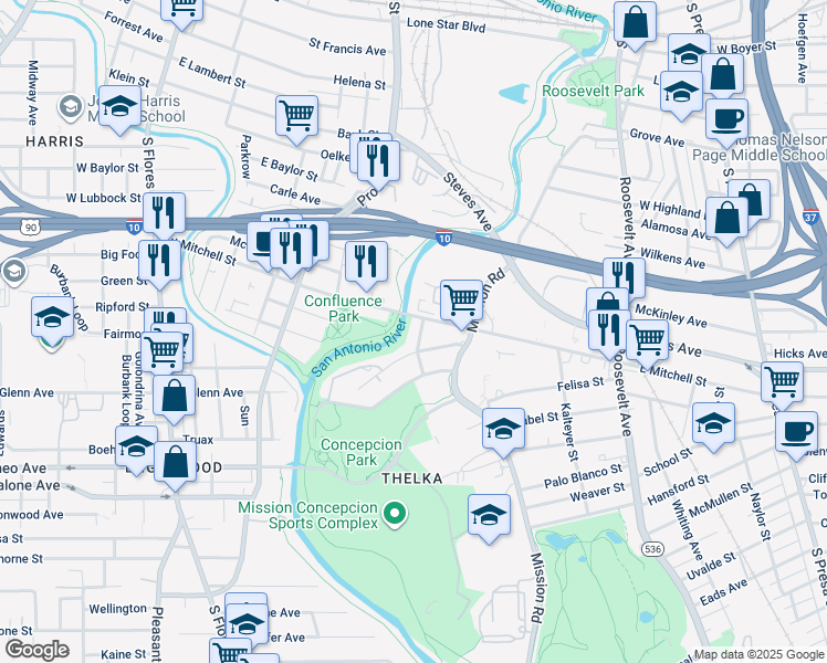 map of restaurants, bars, coffee shops, grocery stores, and more near 113 Oakcrest Avenue in San Antonio