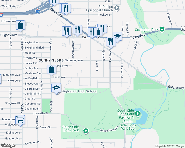 map of restaurants, bars, coffee shops, grocery stores, and more near 1758 Amanda Street in San Antonio