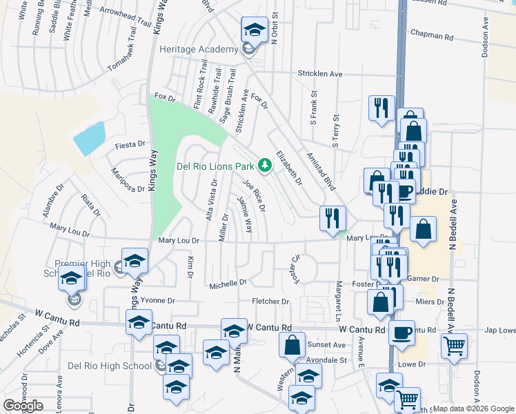 map of restaurants, bars, coffee shops, grocery stores, and more near 114 Joe Rice Drive in Del Rio