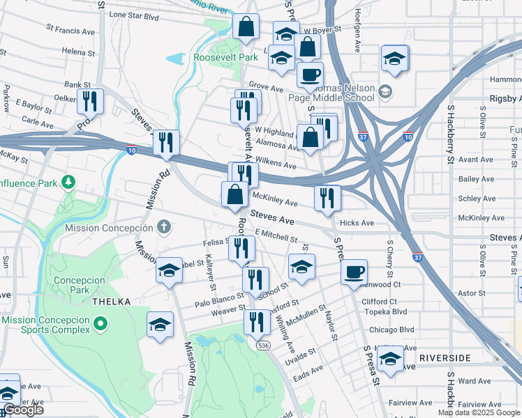 map of restaurants, bars, coffee shops, grocery stores, and more near 819 Steves Avenue in San Antonio