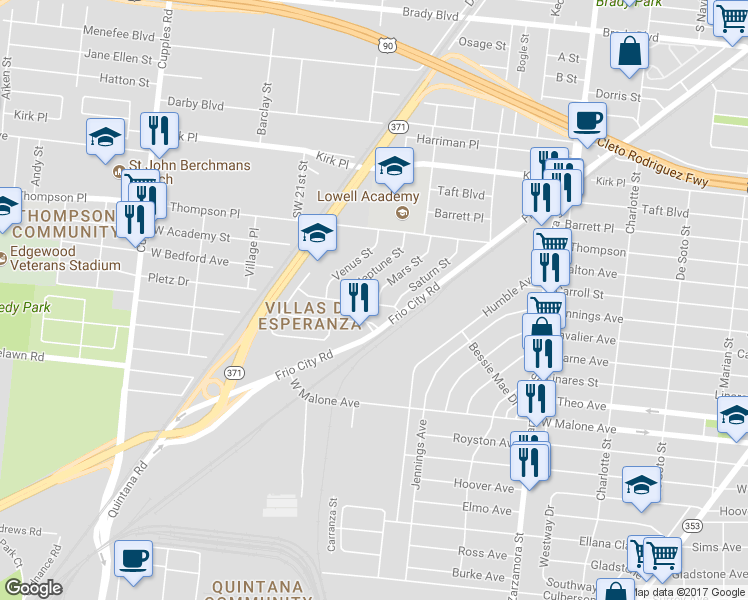 map of restaurants, bars, coffee shops, grocery stores, and more near 2103 Jupiter Street in San Antonio