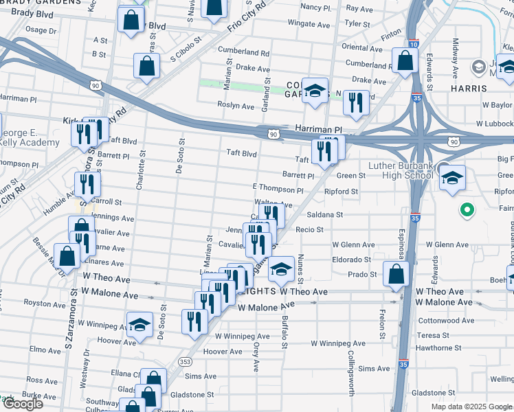 map of restaurants, bars, coffee shops, grocery stores, and more near 170 Walton Avenue in San Antonio
