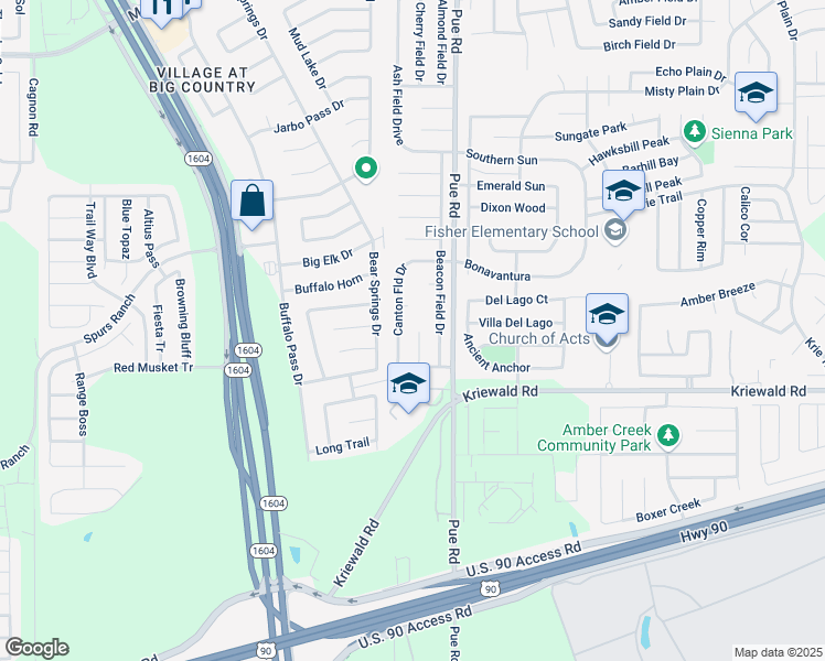 map of restaurants, bars, coffee shops, grocery stores, and more near 3115 Opal Field in San Antonio