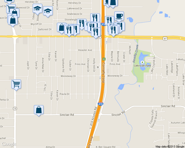map of restaurants, bars, coffee shops, grocery stores, and more near 2739 Holly Hill Drive in San Antonio