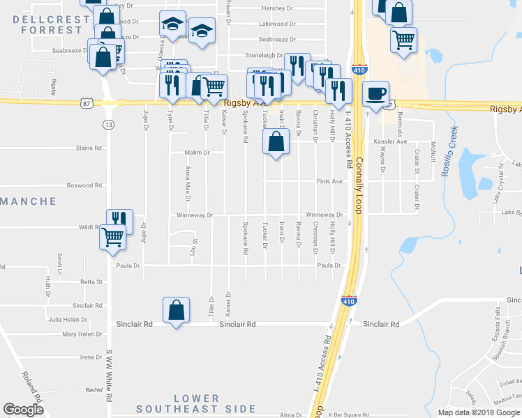 map of restaurants, bars, coffee shops, grocery stores, and more near 2735 Tucker Drive in San Antonio