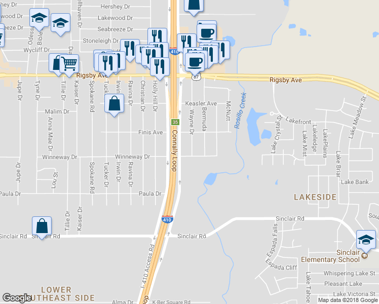 map of restaurants, bars, coffee shops, grocery stores, and more near 2735 Wayne Drive in San Antonio