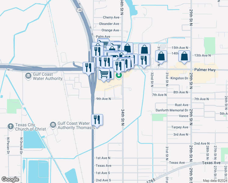 map of restaurants, bars, coffee shops, grocery stores, and more near 3404 9th Avenue North in Texas City