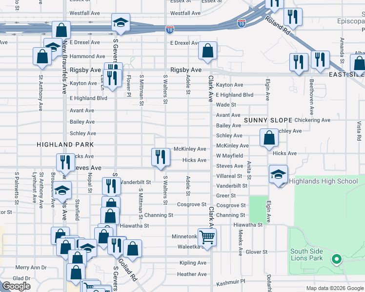 map of restaurants, bars, coffee shops, grocery stores, and more near 1933 McKinley Avenue in San Antonio