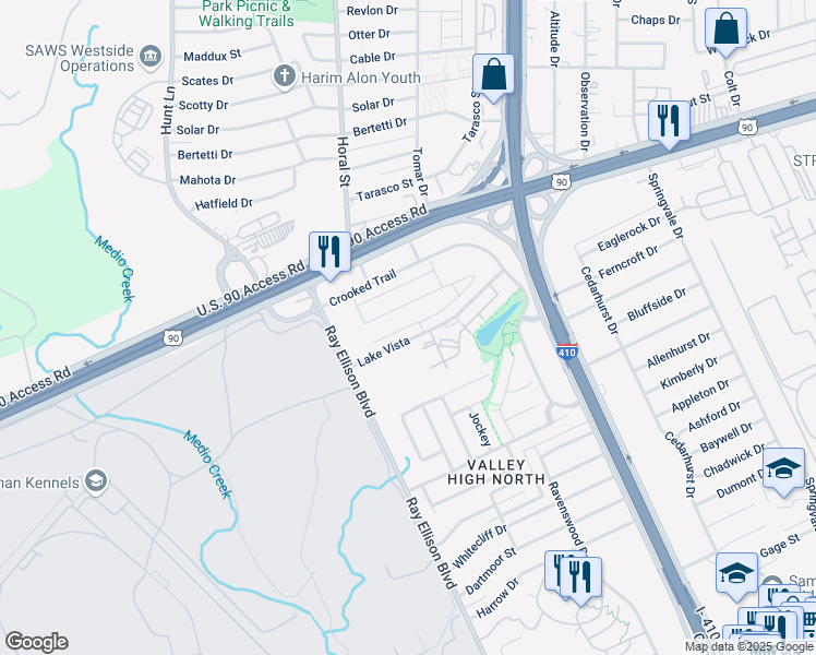map of restaurants, bars, coffee shops, grocery stores, and more near 830 Lake Vista in San Antonio