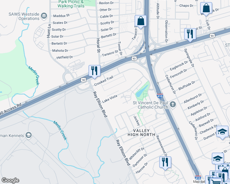 map of restaurants, bars, coffee shops, grocery stores, and more near 830 Lake Vista in San Antonio