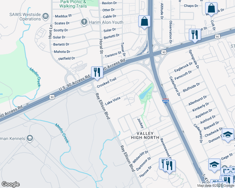 map of restaurants, bars, coffee shops, grocery stores, and more near 830 Lake Vista in San Antonio
