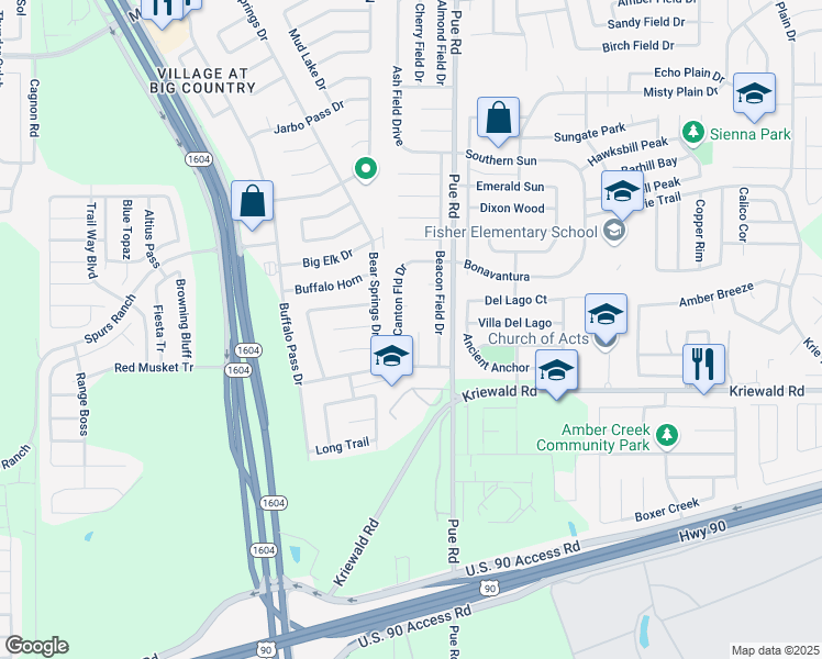 map of restaurants, bars, coffee shops, grocery stores, and more near 3115 Opal Field in San Antonio