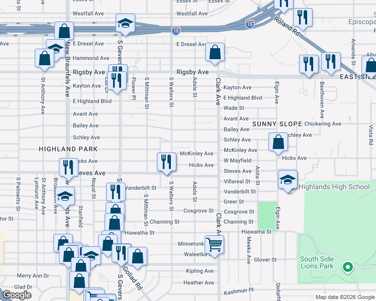 map of restaurants, bars, coffee shops, grocery stores, and more near 1933 McKinley Avenue in San Antonio
