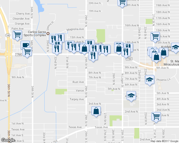 map of restaurants, bars, coffee shops, grocery stores, and more near 2822 8th Avenue North in Texas City