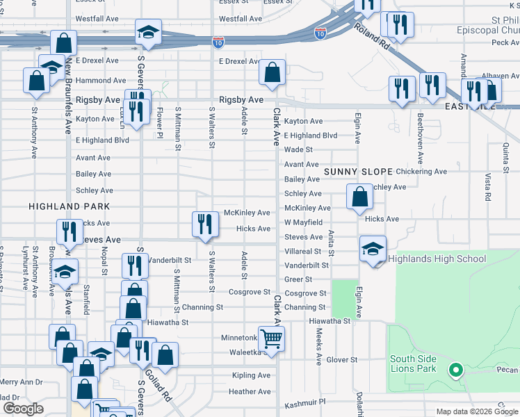 map of restaurants, bars, coffee shops, grocery stores, and more near 2023 McKinley Avenue in San Antonio