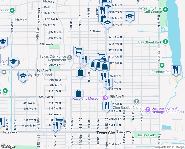 map of restaurants, bars, coffee shops, grocery stores, and more near 720 8th Avenue North in Texas City