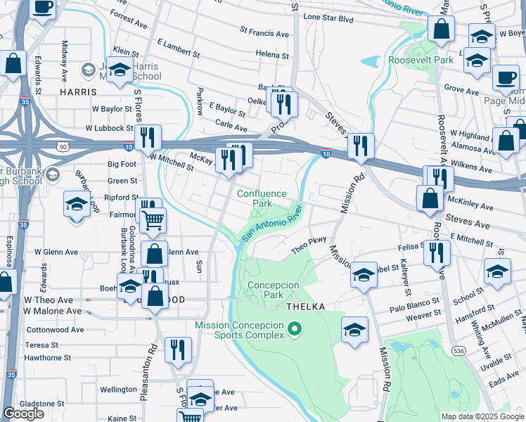 map of restaurants, bars, coffee shops, grocery stores, and more near 310 West Mitchell Street in San Antonio