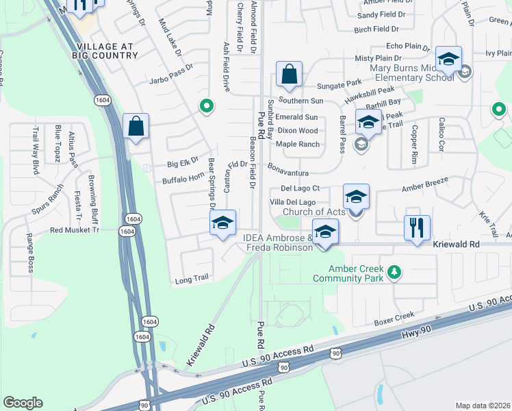 map of restaurants, bars, coffee shops, grocery stores, and more near 3174 Beacon Field Drive in San Antonio
