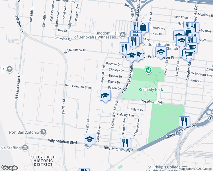map of restaurants, bars, coffee shops, grocery stores, and more near 151 Felton Drive in San Antonio