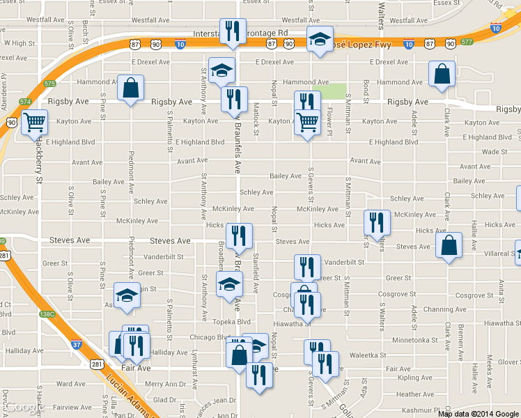 map of restaurants, bars, coffee shops, grocery stores, and more near 1534 McKinley Ave in San Antonio