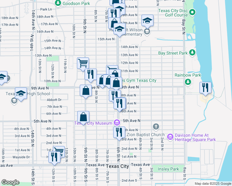 map of restaurants, bars, coffee shops, grocery stores, and more near 624 8th Avenue North in Texas City