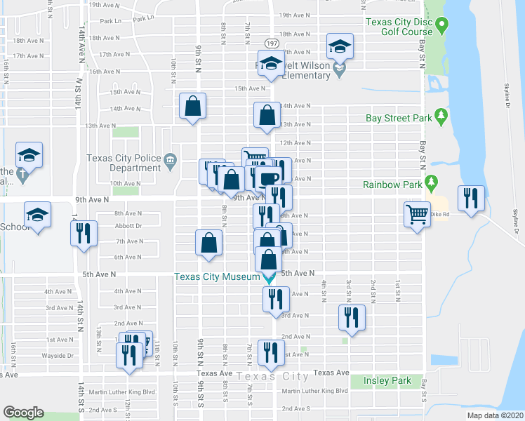 map of restaurants, bars, coffee shops, grocery stores, and more near 624 8th Avenue North in Texas City