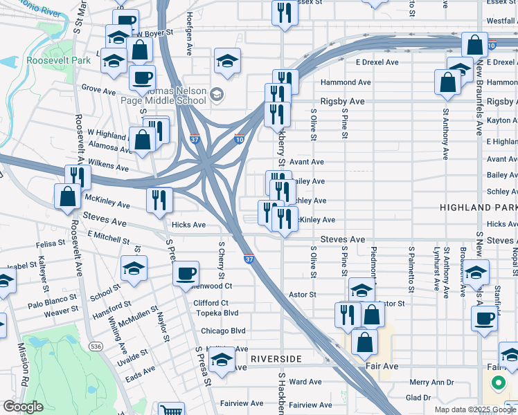 map of restaurants, bars, coffee shops, grocery stores, and more near 819 McKinley Avenue in San Antonio