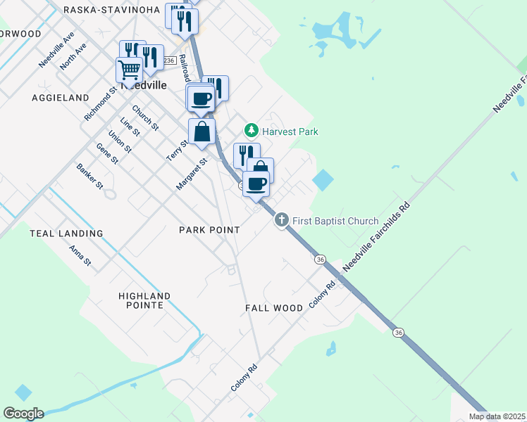 map of restaurants, bars, coffee shops, grocery stores, and more near 13902 Texas 36 in Needville