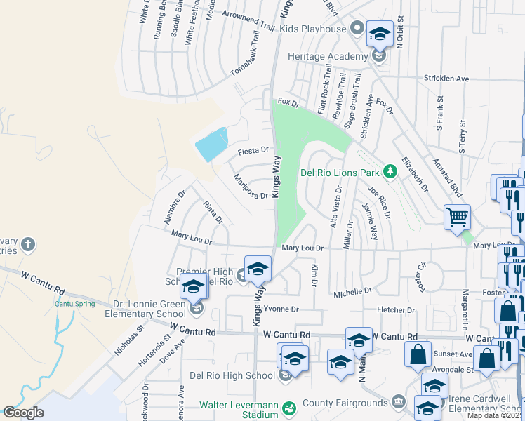 map of restaurants, bars, coffee shops, grocery stores, and more near 114 Siesta Circle in Del Rio