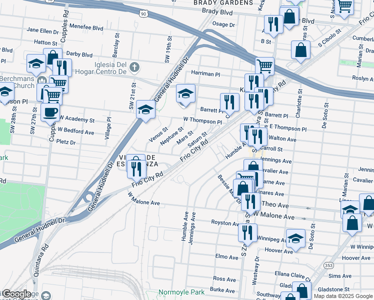 map of restaurants, bars, coffee shops, grocery stores, and more near 3202 Saturn Street in San Antonio