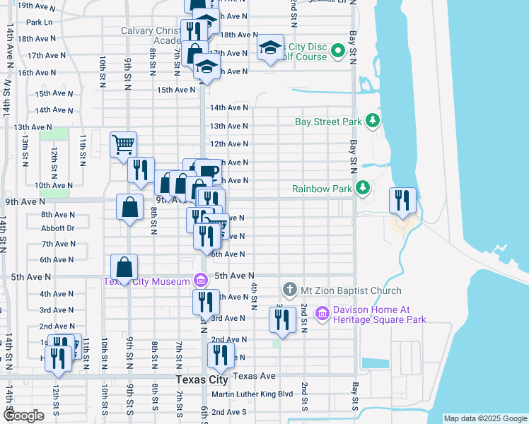 map of restaurants, bars, coffee shops, grocery stores, and more near 320 8th Avenue North in Texas City