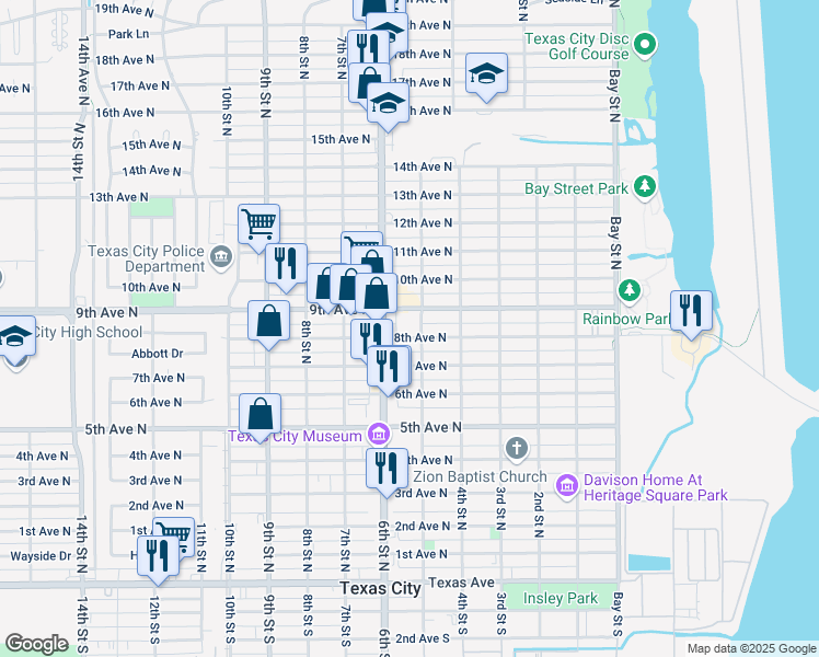 map of restaurants, bars, coffee shops, grocery stores, and more near 519 9th Avenue North in Texas City