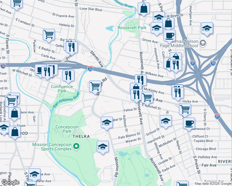 map of restaurants, bars, coffee shops, grocery stores, and more near 249 East Mitchell Street in San Antonio